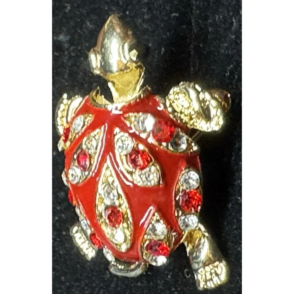 Vintage Turtle Brooch Red Enamel Rhinestone Gold Tone Figural Turtle Pin Costume